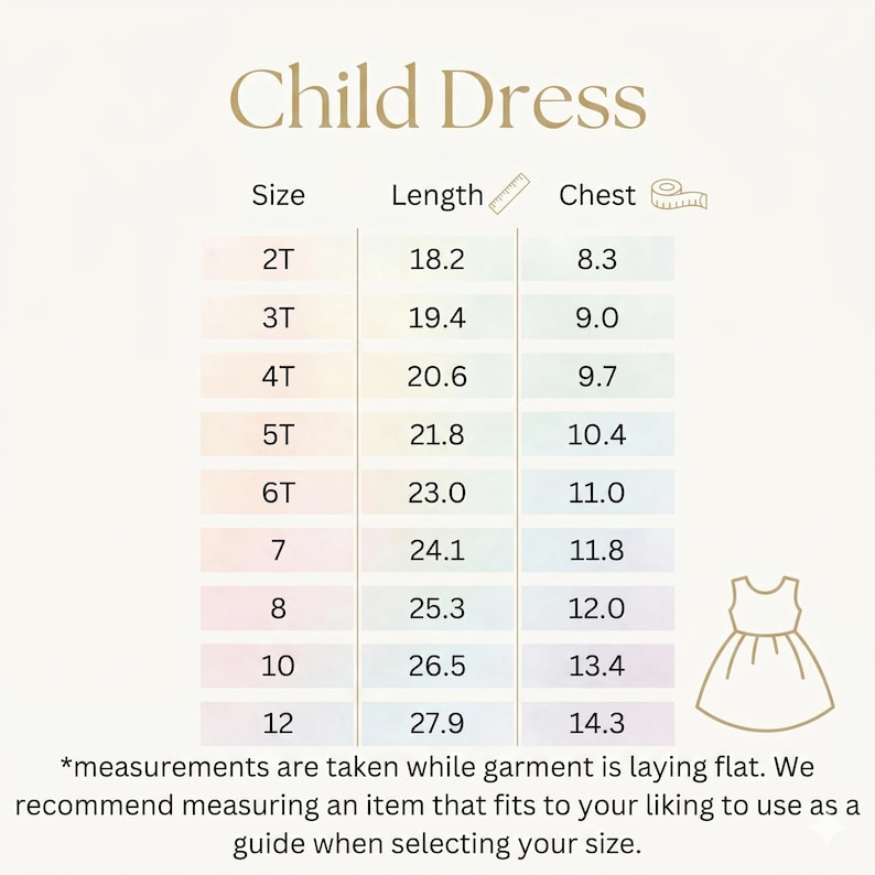 Pu&ograve; includere: Tabella delle taglie per un vestito da bambina, con misure in pollici. La tabella include taglie da 2T a 12, con le corrispondenti lunghezze e misure del torace. Il testo "Child Dress" &egrave; in alto.