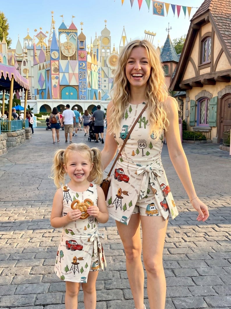 May include: Two people wearing matching cream-colored outfits with a Route 66 and car print. The outfits include a romper and a dress. The child is holding a Mickey Mouse-shaped pretzel. The background features a colorful building and people.