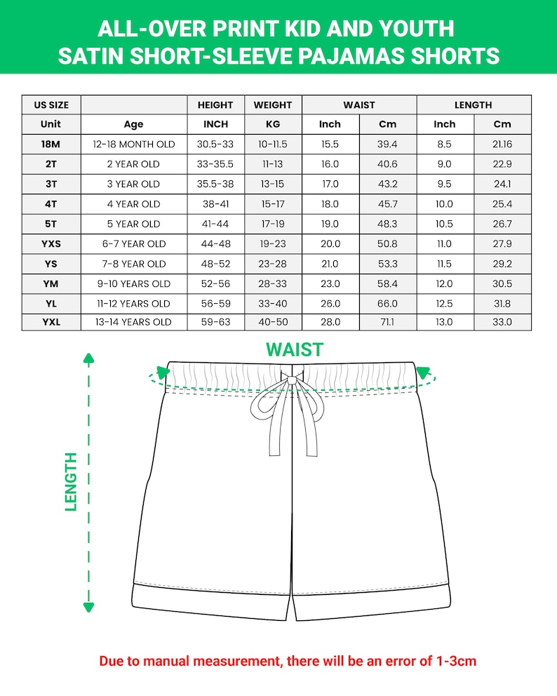 Puede incluir: Diagrama de pantalones cortos de pijama de sat&eacute;n de manga corta con medidas de cintura y largo. Una tabla de tallas enumera las tallas de EE. UU., la edad, la altura en pulgadas, el peso en kg, la cintura en pulgadas y cm, y el largo en pulgadas y cm.