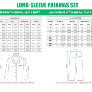 Puede incluir: Tabla detallada para un conjunto de pijama de manga larga, que incluye medidas de camisa y pantal&oacute;n. La tabla proporciona tallas estadounidenses, largos en cm, busto, hombro, manga, cintura, tiro y medidas de cadera.