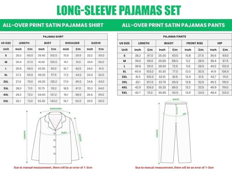 Puede incluir: Tabla detallada para un conjunto de pijama de manga larga, que incluye medidas de camisa y pantal&oacute;n. La tabla proporciona tallas estadounidenses, largos en cm, busto, hombro, manga, cintura, tiro y medidas de cadera.