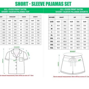 Puede incluir: Tablas de tallas detalladas para conjuntos de pijama de manga corta, con medidas en pulgadas y cm para tops y shorts. Incluye busto, hombro, manga, cintura, cadera y largo. Con diagramas.