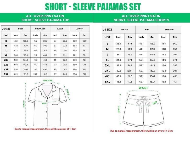 Puede incluir: Tablas de tallas detalladas para conjuntos de pijama de manga corta, con medidas en pulgadas y cm para tops y shorts. Incluye busto, hombro, manga, cintura, cadera y largo. Con diagramas.