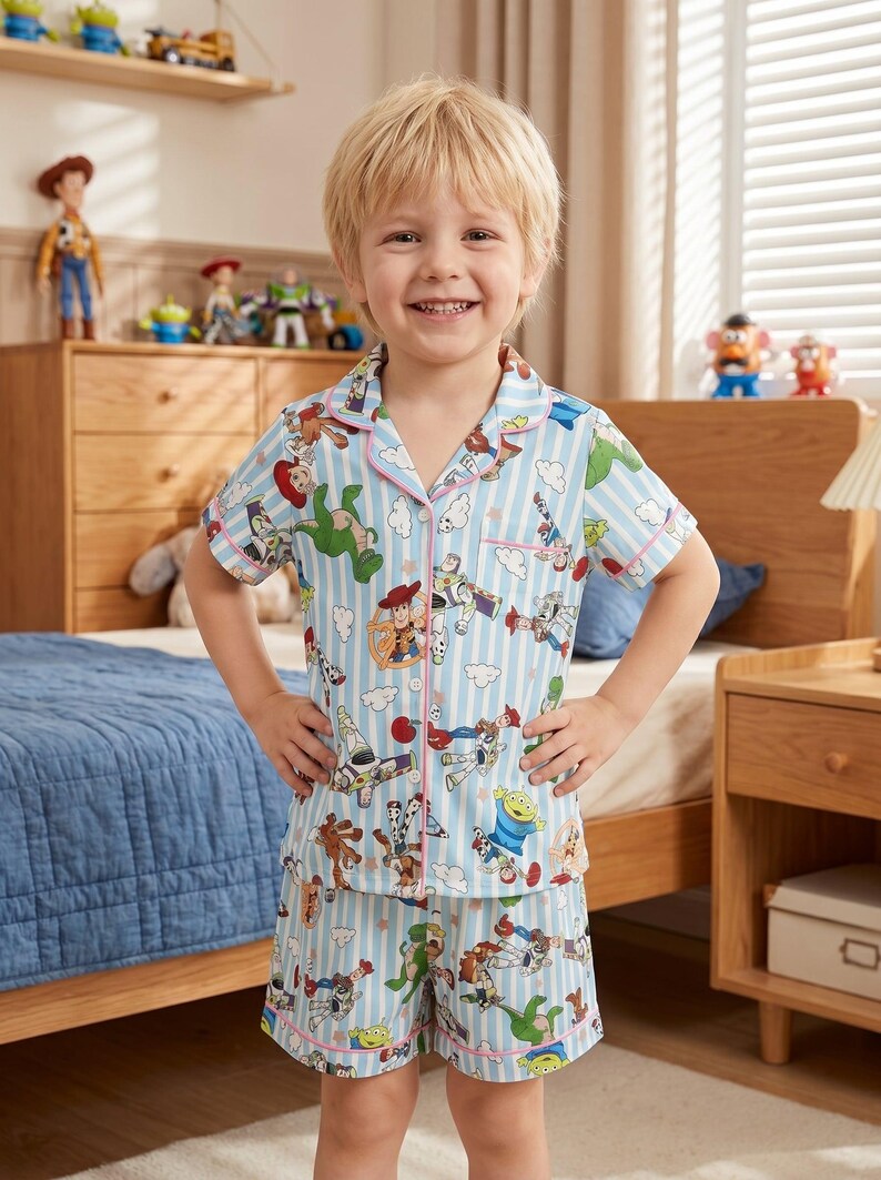Puede incluir: Un ni&ntilde;o lleva un pijama azul claro con un estampado de Toy Story. La camisa de manga corta y los pantalones cortos presentan un patr&oacute;n de rayas verticales y ribetes rosas. El conjunto de pijama est&aacute; decorado con im&aacute;genes de personajes de la pel&iacute;cula Toy Story.