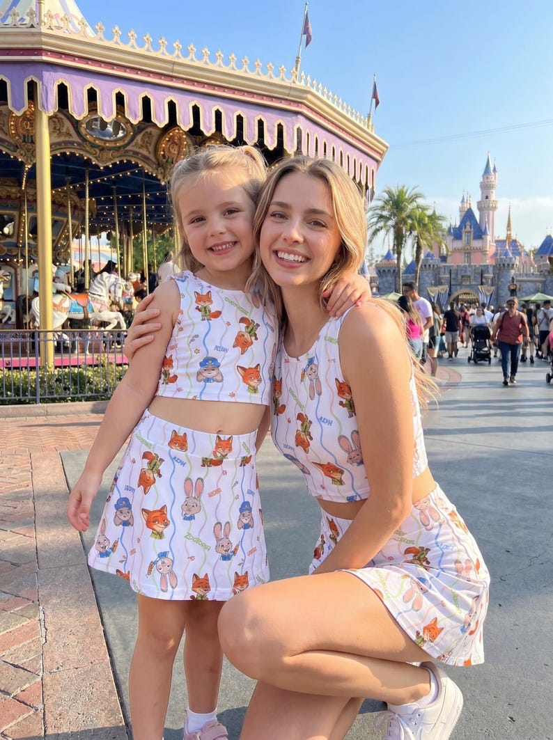 May include: Two people wearing matching white crop tops and skirts with a cartoon fox and bunny print. The background includes a carousel and a castle. The outfits are perfect for a theme park visit.