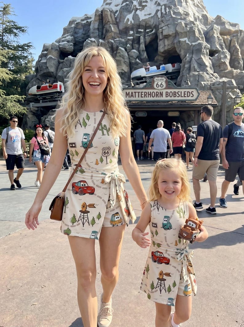 May include: Two women wearing matching beige rompers with a Route 66 and Cars-themed print. The rompers have a wrap-style skirt and are sleeveless. One woman carries a brown purse. The background shows a mountain and the sign "Matterhorn Bobsleds".