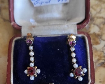 Antique Edwardian 9ct Gold Garnet, Pearl, Amethyst Earrings (Original Box)