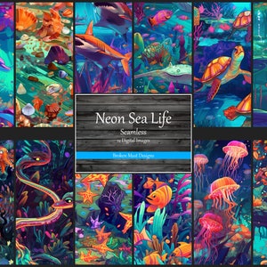 12 papeles digitales temáticos de Neon Sea Life. Patrones perfectos para reserva de chatarra, productos de impresión bajo demanda y fondos de pantalla, etc.