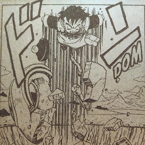 Peut inclure: Une illustration manga en noir et blanc d'un personnage aux cheveux hérissés, portant une chemise et un pantalon blancs, tombant à travers un portail rayé avec le mot "DON" en arrière-plan.