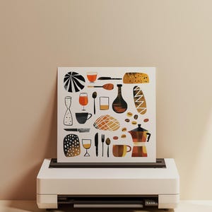 Abstract Breakfast Print, Coffee and Bread, Kitchen Art, Linocut-Inspired Design