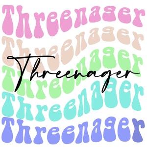 May include: A graphic design with the word "Threeenager" written in a rainbow of colors. The word is repeated in a curved pattern, with each repetition in a different color.