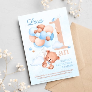 Personalized 1st Birthday Invitation Card Baby Bear with Blue Balloon 2 in French + Mobile - Digital and Printable Invitation