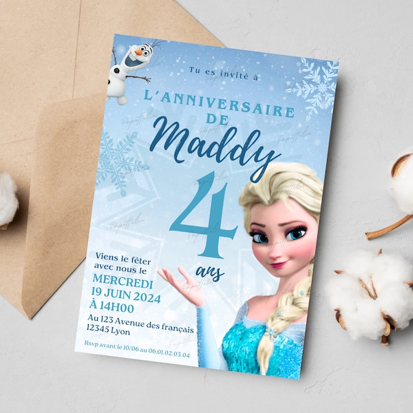 Carte d'invitation anniversaire personnalisée La reine des neiges en français + mobile - Invitation digitale et à imprimer