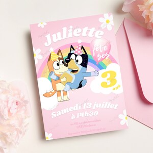 Carte d'invitation anniversaire personnalisée Bluey rose en français + mobile - Modèle invitation modifiable numérique chien chat à imprimer