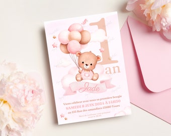 Carte d'invitation anniversaire 1 an personnalisée Bébé ourson avec ballon rose en français + mobile - Invitation digitale et à imprimer