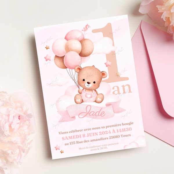 Carte d'invitation anniversaire 1 an personnalisée Bébé ourson avec ballon rose en français + mobile - Invitation digitale et à imprimer