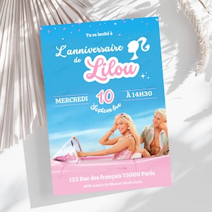 Personalisierte Geburtstagseinladungskarte für Barbie-Filmpuppen, Französisch + Mobile – druckbare digitale Partyeinladungsvorlage für rosa Mädchen