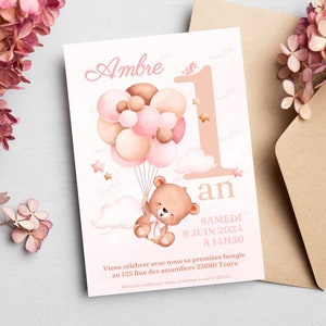 Personalized 1 year birthday invitation card Baby bear with pink balloon 2 in French + mobile - Digital and printable invitation