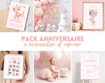 Pack anniversaire 1 an personnalisé Bébé ourson avec ballon rose en français - Invitation et affiches digitales Teddy Bear à imprimer
