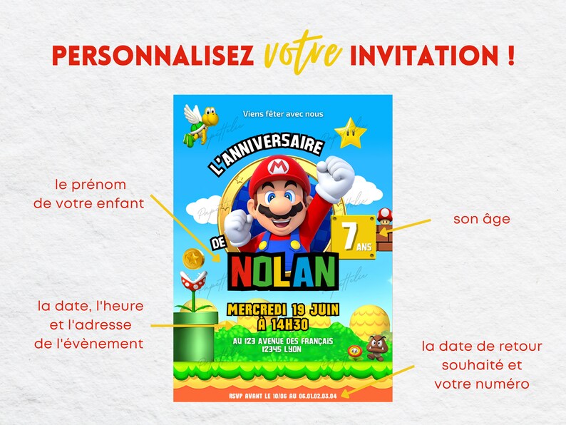 Mario birthday invitation card in French + mobile - Editable and personalized digital invitation - Mario announcement to print image 2