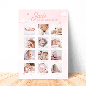 Affiche ma première année personnalisée Bébé ourson avec ballon rose en français - Affiche photo 1 an Teddy Bear digitale et à imprimer
