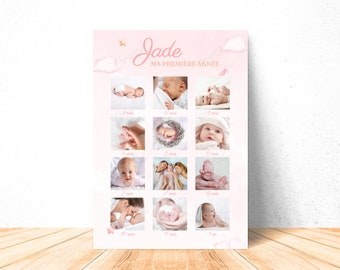 Personalized My First Year Poster Baby Bear with Pink Balloon in French - Digital and Printable 1 Year Old Teddy Bear Photo Poster