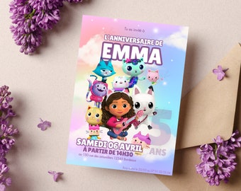 Cartão de convite de aniversário personalizado Gabby e a casa mágica em francês + celular - Convite digital Gabby Cat para imprimir