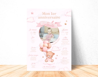 Affiche mon premier anniversaire personnalisée Bébé ourson avec ballon rose en français - Affiche 1 an Teddy Bear digitale et à imprimer