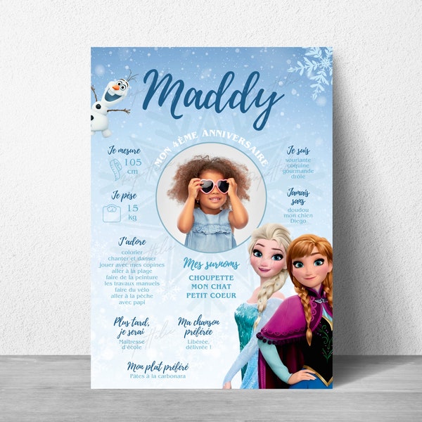 Affiche anniversaire personnalisée La reine des neiges en français - Poster décoration anniversaire Elsa, Anna et Olaf digital et à imprimer