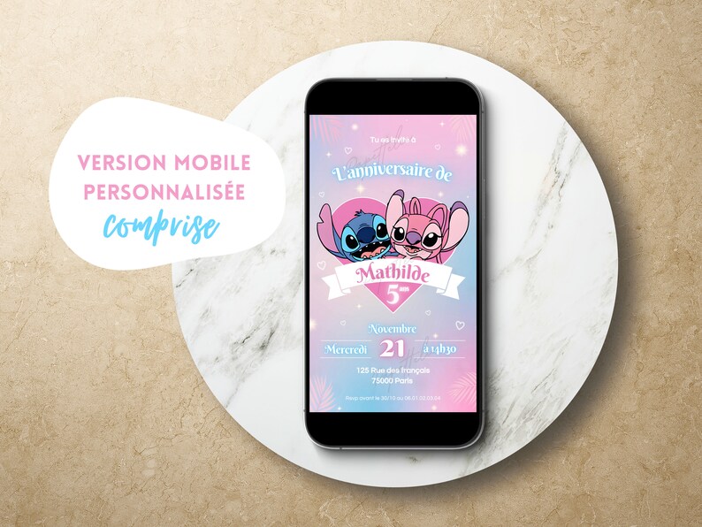 Carte d'invitation anniversaire personnalisée Stitch et Angel en