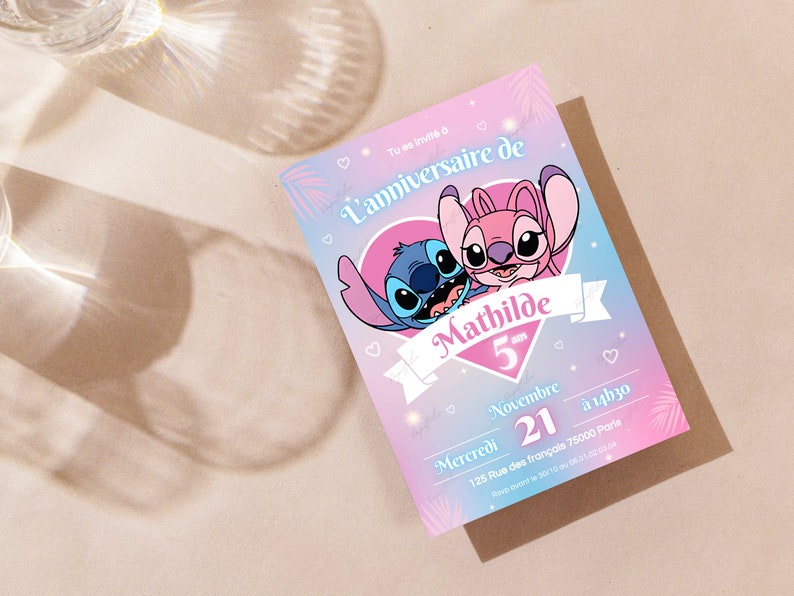 Carte d'invitation anniversaire personnalisée Stitch et Angel en