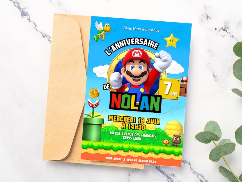 Mario birthday invitation card in French + mobile - Editable and personalized digital invitation - Mario announcement to print image 1