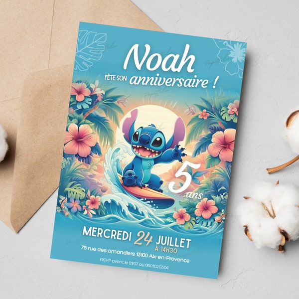 Carte d'invitation anniversaire personnalisée Stitch en français + mobile - Invitation digitale et à imprimer