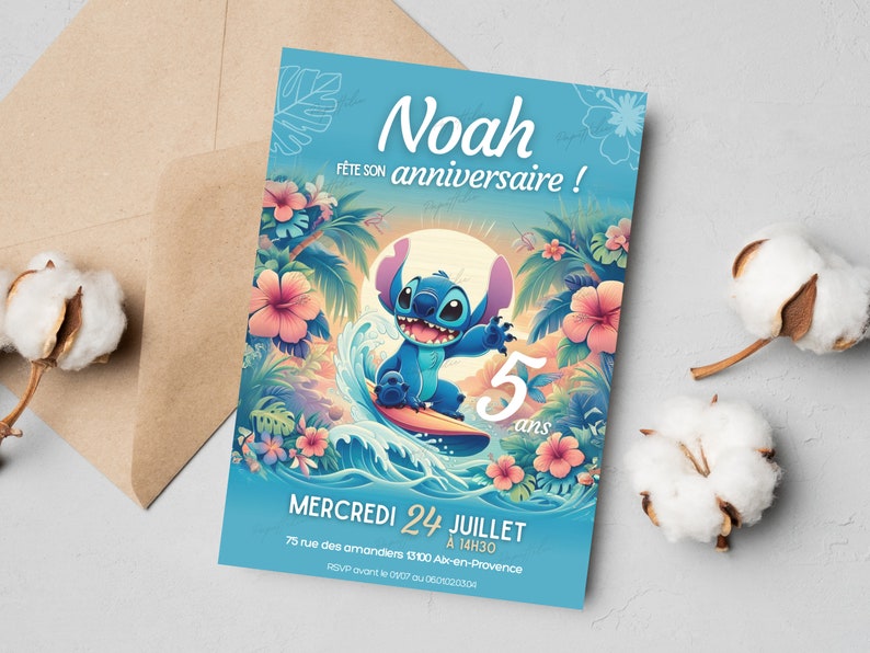Carte d'invitation anniversaire personnalisée Stitch en français