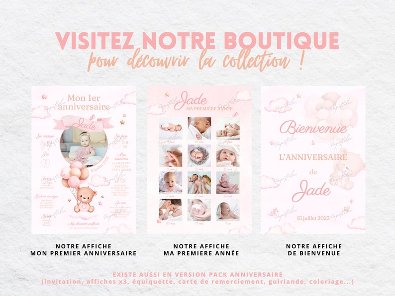 Carte d'invitation anniversaire 1 an personnalisée Bébé ourson avec ballon rose 2 en français mobile Invitation digitale et à imprimer image 10