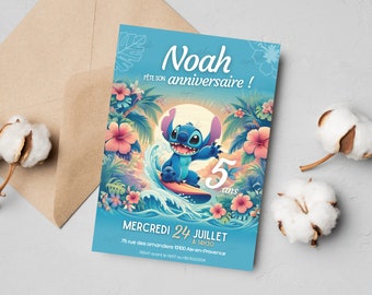 Gepersonaliseerde Stitch verjaardagsuitnodigingskaart in het Frans + mobiel - Digitale en printbare uitnodiging