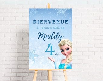 Personalized Frozen Birthday Welcome Signs in French - Frozen Elsa, Anna and Olaf Digital and Printable Poster