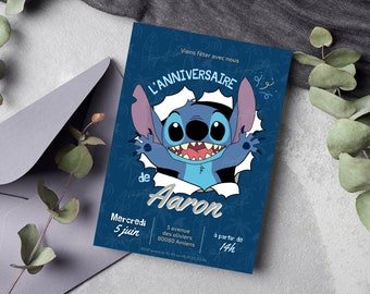 Carte d'invitation anniversaire personnalisée Stitch en français + mobile - Invitation digitale et à imprimer