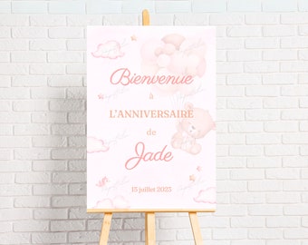 Affiche bienvenue anniversaire baptême personnalisée Bébé ourson avec ballon rose en français - Affiche Teddy Bear digitale et à imprimer