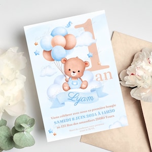 Tarjeta de invitación personalizada para el primer cumpleaños de un osito con globo azul en francés + móvil - Invitación digital e imprimible