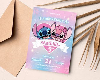 Carte d'invitation anniversaire personnalisée Stitch et Angel en français + mobile - Modèle invitation modifiable numérique à imprimer