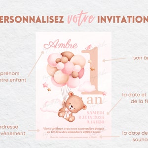 Carte d'invitation anniversaire 1 an personnalisée Bébé ourson avec ballon rose 2 en français mobile Invitation digitale et à imprimer image 2