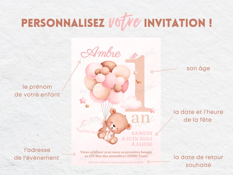 Carte d'invitation anniversaire 1 an personnalisée Bébé ourson avec ballon rose 2 en français mobile Invitation digitale et à imprimer image 2