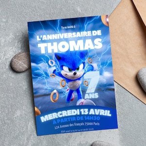 Carte d'invitation anniversaire personnalisée Sonic en français + mobile - Invitation digitale et à imprimer