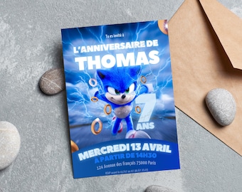 Biglietto d'invito compleanno Sonic personalizzato in francese + mobile - Invito digitale e stampabile