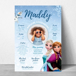 Cartel de cumpleaños personalizado de Frozen en francés - Cartel de decoración de cumpleaños de Elsa, Anna y Olaf digital e imprimible