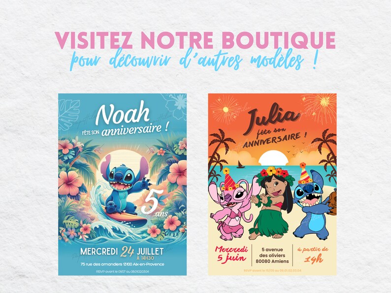 Carte d'invitation anniversaire personnalisée Stitch et Angel en