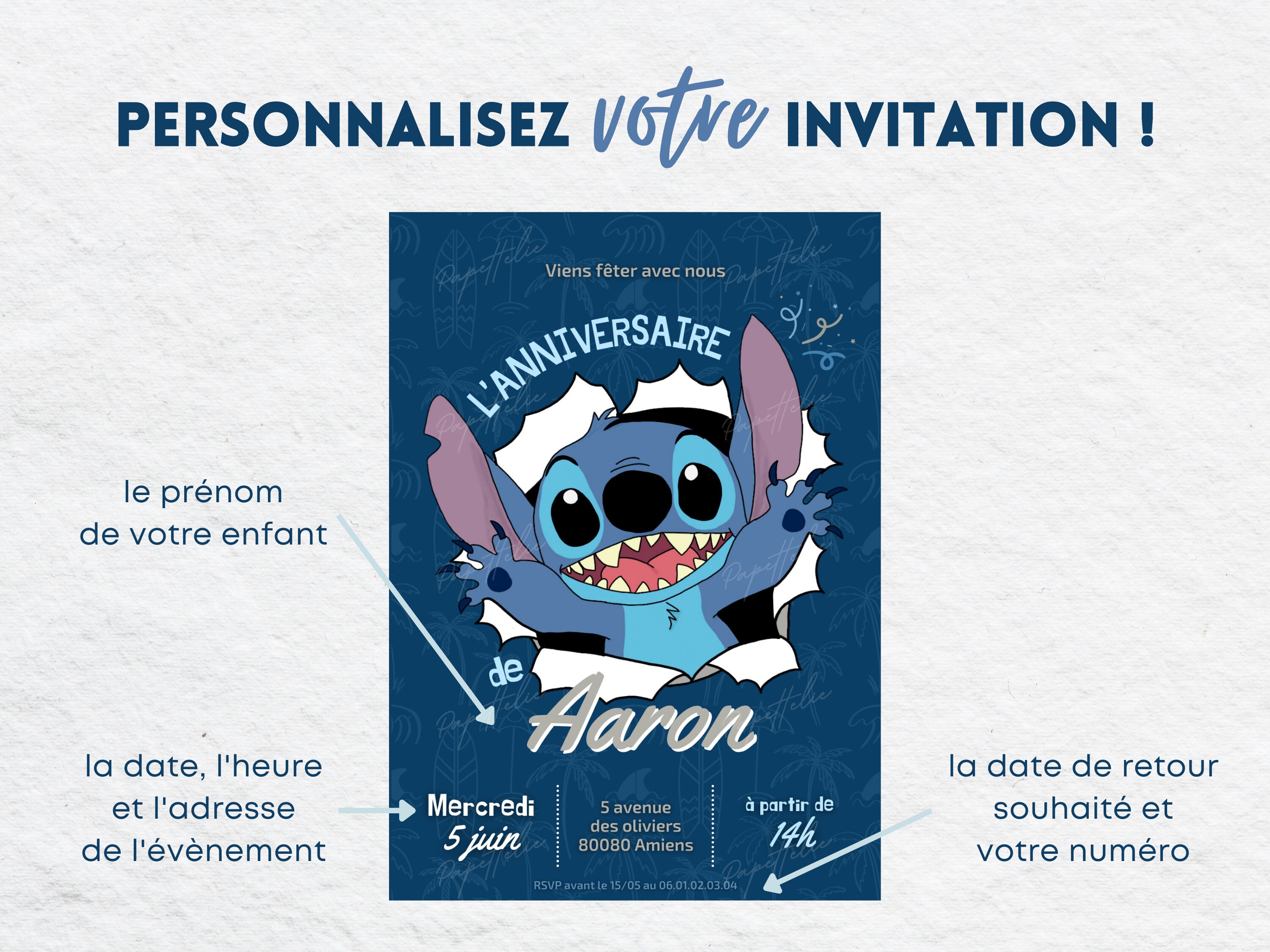 Cartes D'invitation Anniversaire Stitch - Lot De 12 Avec Enveloppes - Version Française - Format A6 - Pour Fête Enfant