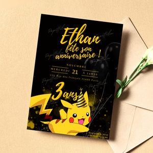 Carte d'invitation anniversaire personnalisée Pokemon Pikachu en français + mobile - Invitation digitale et à imprimer