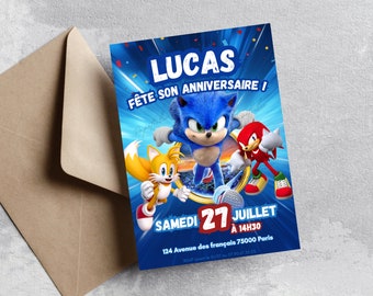 Carte d'invitation anniversaire personnalisée Sonic en français + mobile - Invitation digitale et à imprimer